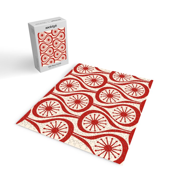 Mid Century Modern Atomic Drops Pattern Red and Cream Jigsaw Puzzle Gallery Image 2