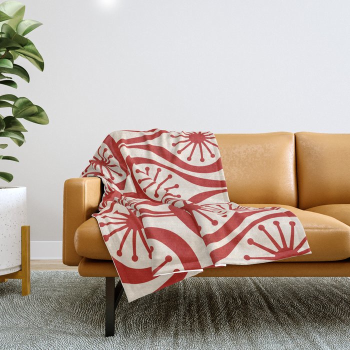 Mid Century Modern Atomic Drops Pattern Red and Cream Throw Blanket Gallery Image 1