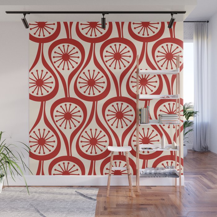 Mid Century Modern Atomic Drops Pattern Red and Cream Wall Mural Gallery Image 1
