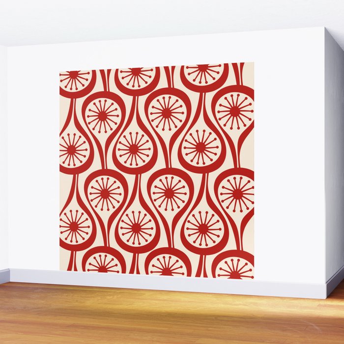 Mid Century Modern Atomic Drops Pattern Red and Cream Wall Mural Gallery Image 2