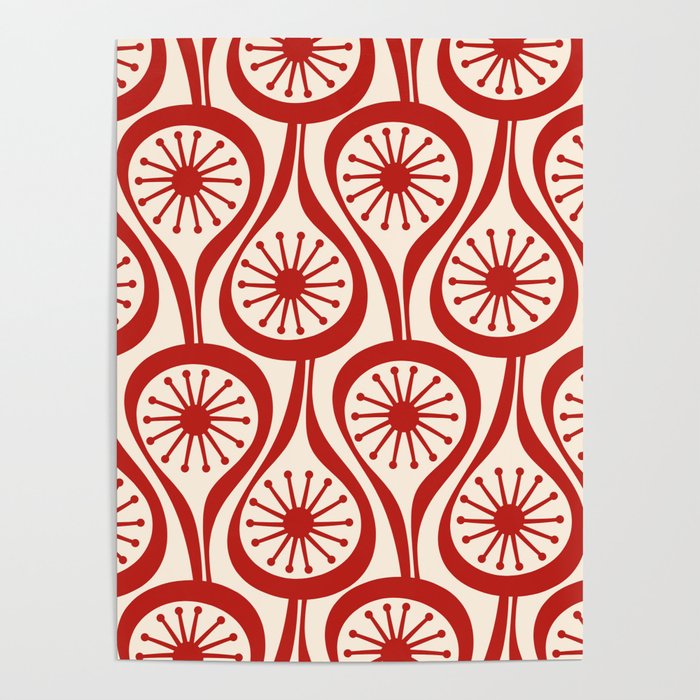 Mid Century Modern Atomic Drops Pattern Red and Cream Poster Gallery Image 1