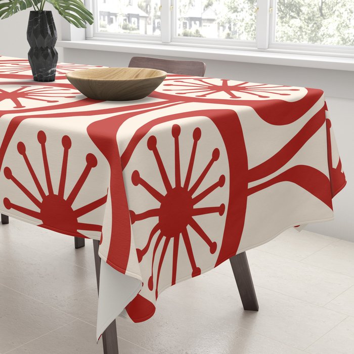 Mid Century Modern Atomic Drops Pattern Red and Cream Tablecloth Gallery Image 3