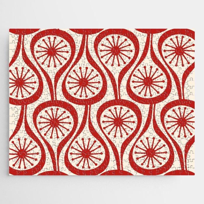 Mid Century Modern Atomic Drops Pattern Red and Cream Jigsaw Puzzle Gallery Image 1