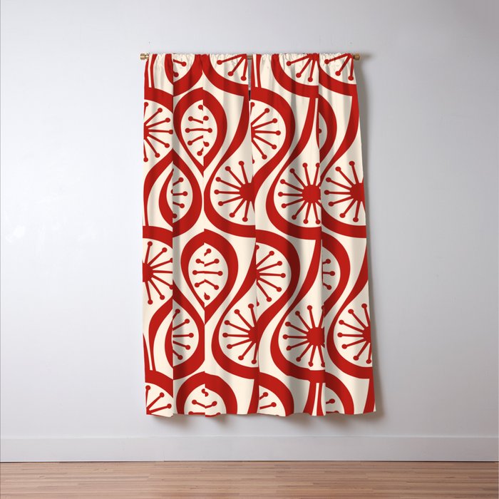 Mid Century Modern Atomic Drops Pattern Red and Cream Window Curtain Gallery Image 3
