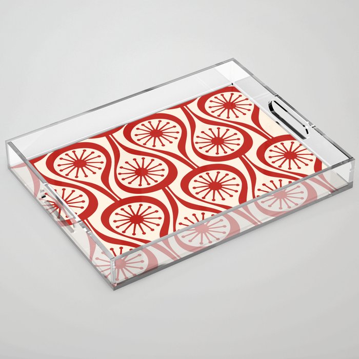Mid Century Modern Atomic Drops Pattern Red and Cream Acrylic Tray Gallery Image 1