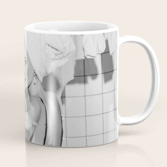 Romans!  Citizens!  Trolls!  Bad boyfriends!  Neo-conservatives we present to you The Birds of Springs humorous blond housewife giving the middle finger (the bird) black and white photograph - photography - photographs by Vitalik Radko Coffee Mug Gallery Image 1