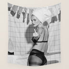 Romans!  Citizens!  Trolls!  Bad boyfriends!  Neo-conservatives we present to you The Birds of Springs humorous blond housewife giving the middle finger (the bird) black and white photograph - photography - photographs by Vitalik Radko Wall Tapestry Gallery Image 4