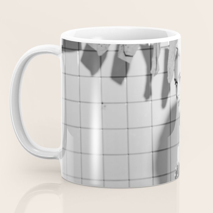 Romans!  Citizens!  Trolls!  Bad boyfriends!  Neo-conservatives we present to you The Birds of Springs humorous blond housewife giving the middle finger (the bird) black and white photograph - photography - photographs by Vitalik Radko Coffee Mug Gallery Image 3