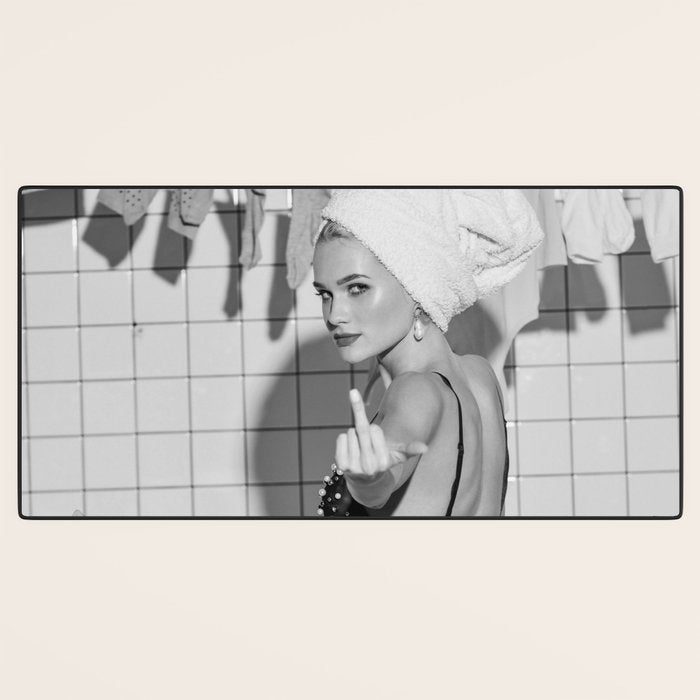 Romans!  Citizens!  Trolls!  Bad boyfriends!  Neo-conservatives we present to you The Birds of Springs humorous blond housewife giving the middle finger (the bird) black and white photograph - photography - photographs by Vitalik Radko Desk Mat Gallery Image 3