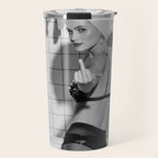 Romans!  Citizens!  Trolls!  Bad boyfriends!  Neo-conservatives we present to you The Birds of Springs humorous blond housewife giving the middle finger (the bird) black and white photograph - photography - photographs by Vitalik Radko Travel Mug Gallery Image 1