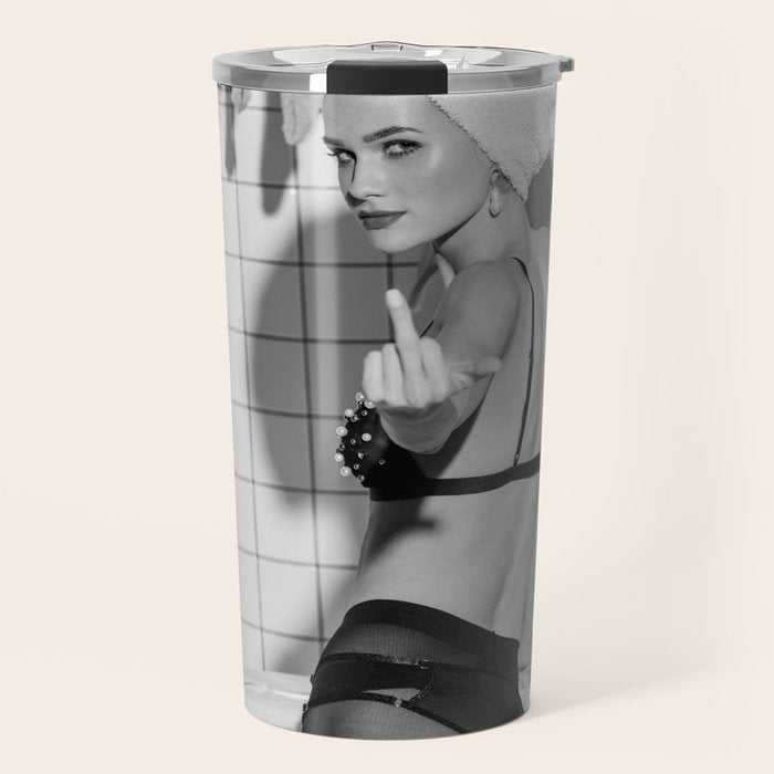 Romans!  Citizens!  Trolls!  Bad boyfriends!  Neo-conservatives we present to you The Birds of Springs humorous blond housewife giving the middle finger (the bird) black and white photograph - photography - photographs by Vitalik Radko Travel Mug Gallery Image 1