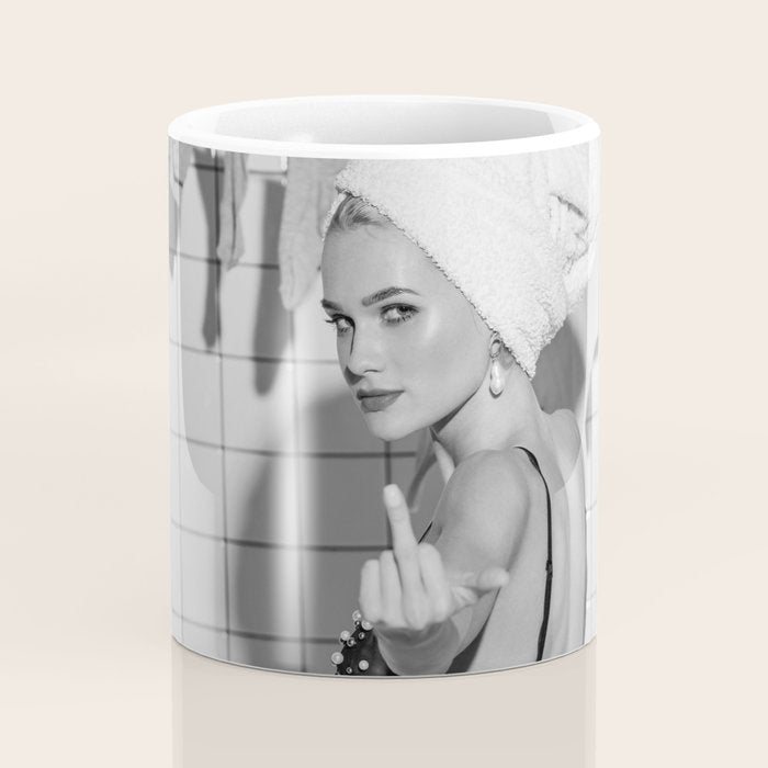 Romans!  Citizens!  Trolls!  Bad boyfriends!  Neo-conservatives we present to you The Birds of Springs humorous blond housewife giving the middle finger (the bird) black and white photograph - photography - photographs by Vitalik Radko Coffee Mug Gallery Image 4