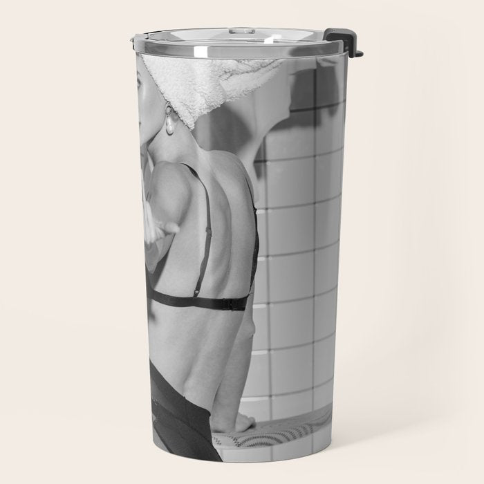 Romans!  Citizens!  Trolls!  Bad boyfriends!  Neo-conservatives we present to you The Birds of Springs humorous blond housewife giving the middle finger (the bird) black and white photograph - photography - photographs by Vitalik Radko Travel Mug Gallery Image 2