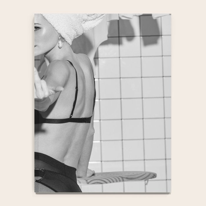 Romans!  Citizens!  Trolls!  Bad boyfriends!  Neo-conservatives we present to you The Birds of Springs humorous blond housewife giving the middle finger (the bird) black and white photograph - photography - photographs by Vitalik Radko Notebook Gallery Image 4
