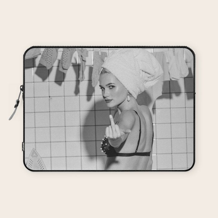 Romans!  Citizens!  Trolls!  Bad boyfriends!  Neo-conservatives we present to you The Birds of Springs humorous blond housewife giving the middle finger (the bird) black and white photograph - photography - photographs by Vitalik Radko Laptop Sleeve Gallery Image 1