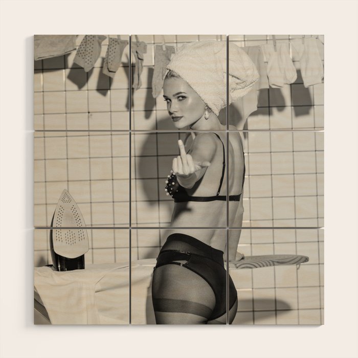 Romans!  Citizens!  Trolls!  Bad boyfriends!  Neo-conservatives we present to you The Birds of Springs humorous blond housewife giving the middle finger (the bird) black and white photograph - photography - photographs by Vitalik Radko Wood Wall Art Gallery Image 1