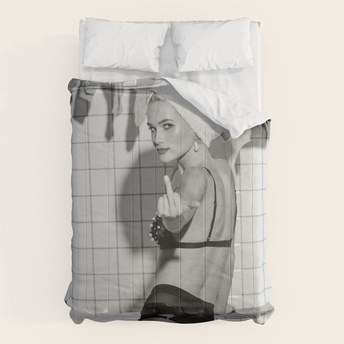Romans!  Citizens!  Trolls!  Bad boyfriends!  Neo-conservatives we present to you The Birds of Springs humorous blond housewife giving the middle finger (the bird) black and white photograph - photography - photographs by Vitalik Radko Comforter Gallery Image 6