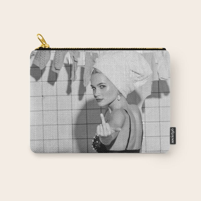 Romans!  Citizens!  Trolls!  Bad boyfriends!  Neo-conservatives we present to you The Birds of Springs humorous blond housewife giving the middle finger (the bird) black and white photograph - photography - photographs by Vitalik Radko Carry All Pouch Gallery Image 1