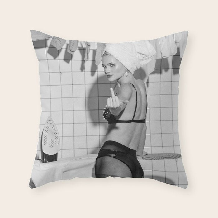 Romans!  Citizens!  Trolls!  Bad boyfriends!  Neo-conservatives we present to you The Birds of Springs humorous blond housewife giving the middle finger (the bird) black and white photograph - photography - photographs by Vitalik Radko Throw Pillow Gallery Image 6