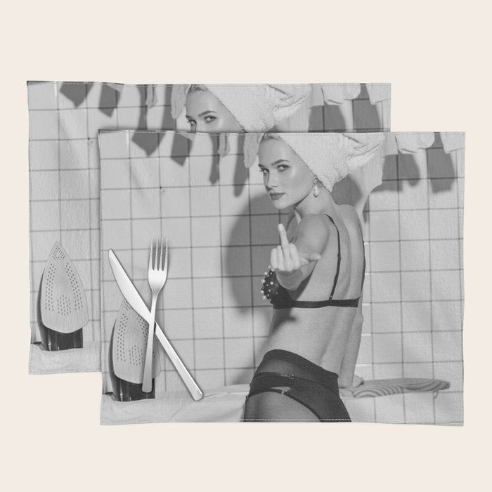 Romans!  Citizens!  Trolls!  Bad boyfriends!  Neo-conservatives we present to you The Birds of Springs humorous blond housewife giving the middle finger (the bird) black and white photograph - photography - photographs by Vitalik Radko Placemat Gallery Image 1