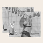 Romans!  Citizens!  Trolls!  Bad boyfriends!  Neo-conservatives we present to you The Birds of Springs humorous blond housewife giving the middle finger (the bird) black and white photograph - photography - photographs by Vitalik Radko Placemat Gallery Image 1