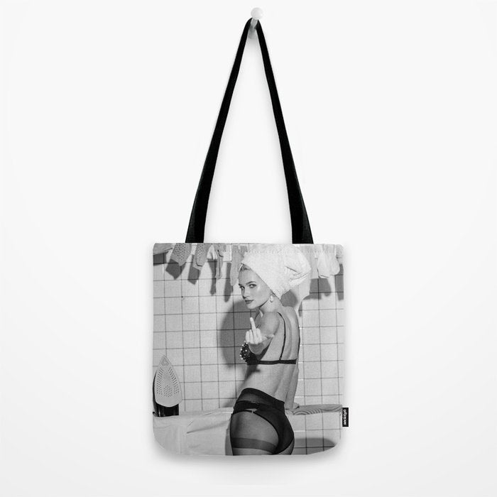 Romans!  Citizens!  Trolls!  Bad boyfriends!  Neo-conservatives we present to you The Birds of Springs humorous blond housewife giving the middle finger (the bird) black and white photograph - photography - photographs by Vitalik Radko Tote Bag Gallery Image 2