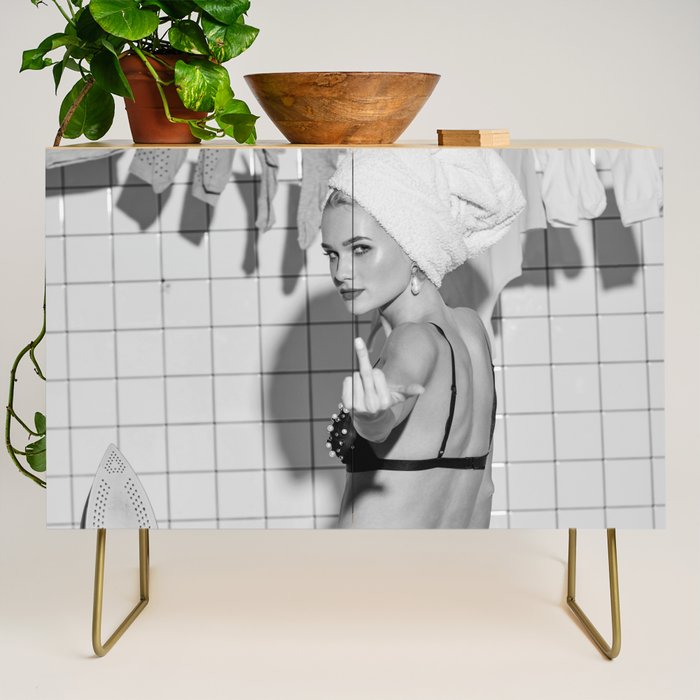 Romans!  Citizens!  Trolls!  Bad boyfriends!  Neo-conservatives we present to you The Birds of Springs humorous blond housewife giving the middle finger (the bird) black and white photograph - photography - photographs by Vitalik Radko Credenza Gallery Image 1