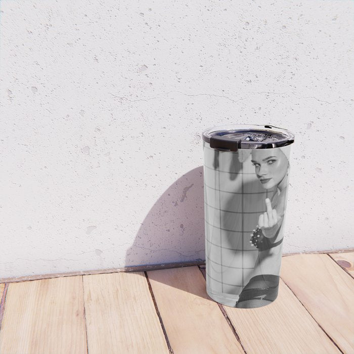 Romans!  Citizens!  Trolls!  Bad boyfriends!  Neo-conservatives we present to you The Birds of Springs humorous blond housewife giving the middle finger (the bird) black and white photograph - photography - photographs by Vitalik Radko Travel Mug Gallery Image 4
