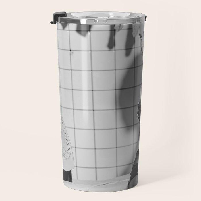Romans!  Citizens!  Trolls!  Bad boyfriends!  Neo-conservatives we present to you The Birds of Springs humorous blond housewife giving the middle finger (the bird) black and white photograph - photography - photographs by Vitalik Radko Travel Mug Gallery Image 3