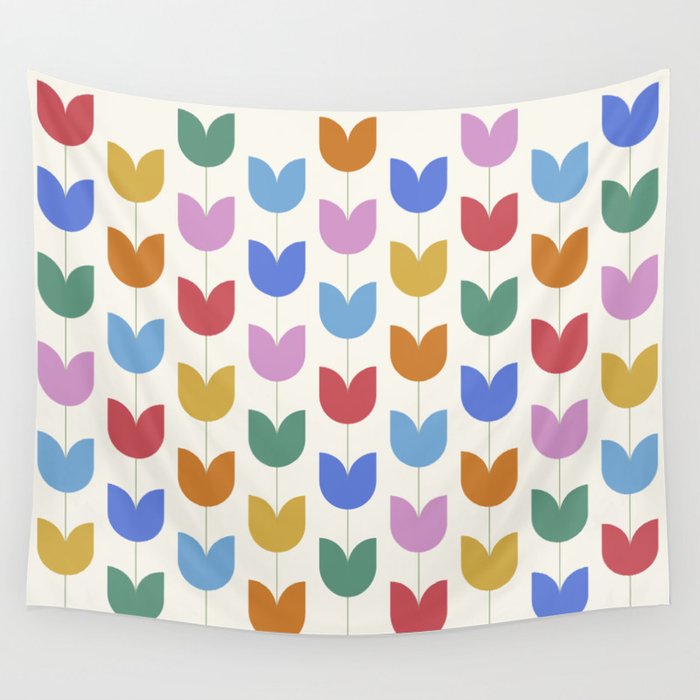 Spring Tulips IX Bright Rainbow Mid Century Flowers Wall Tapestry Gallery Image 1