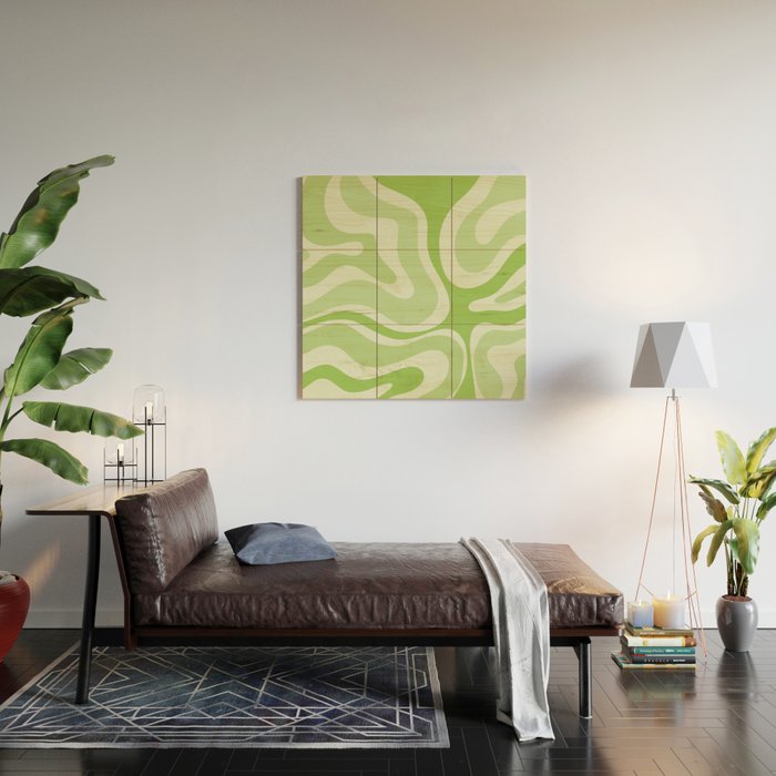 Modern Retro Liquid Swirl Abstract in Light Lime Green Wood Wall Art Gallery Image 2