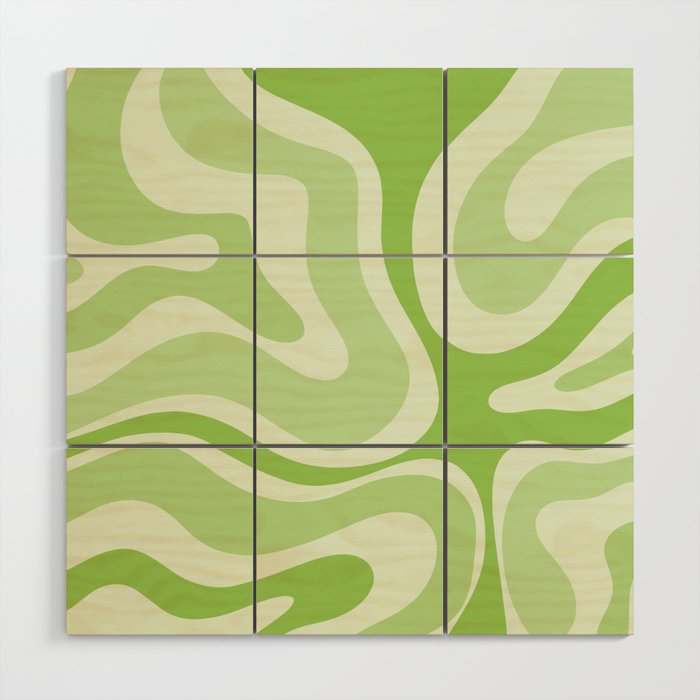 Modern Retro Liquid Swirl Abstract in Light Lime Green Wood Wall Art Gallery Image 1