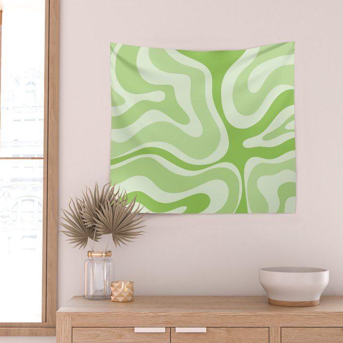 Modern Retro Liquid Swirl Abstract in Light Lime Green Wall Tapestry Gallery Image 2