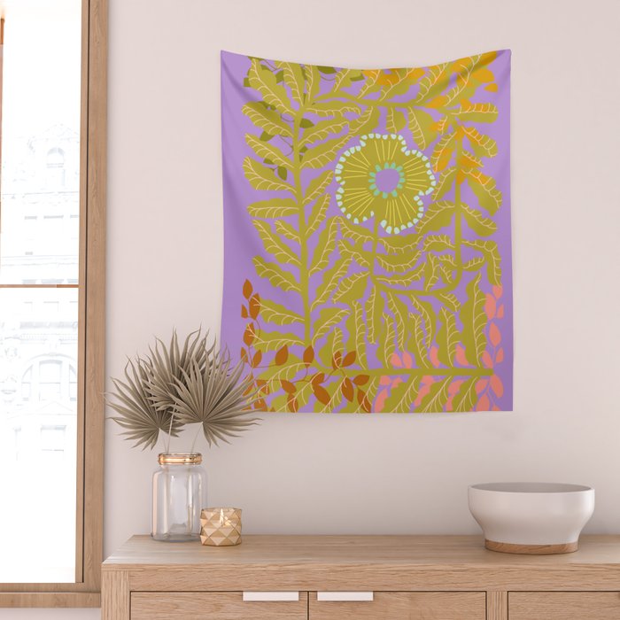 Fern leaves and flower purple Wall Tapestry Gallery Image 2