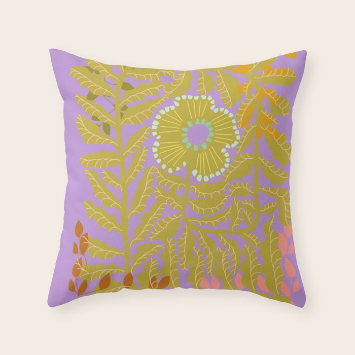 Fern leaves and flower purple Throw Pillow Gallery Image 1
