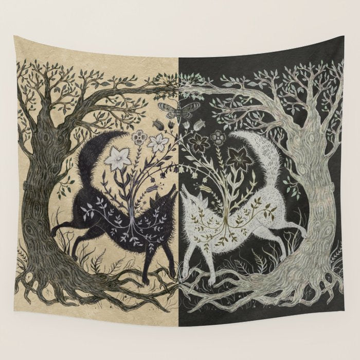 Two Wolves Meeting Wall Tapestry