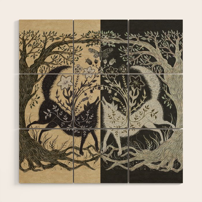 Two Wolves Meeting Wood Wall Art Gallery Image 1