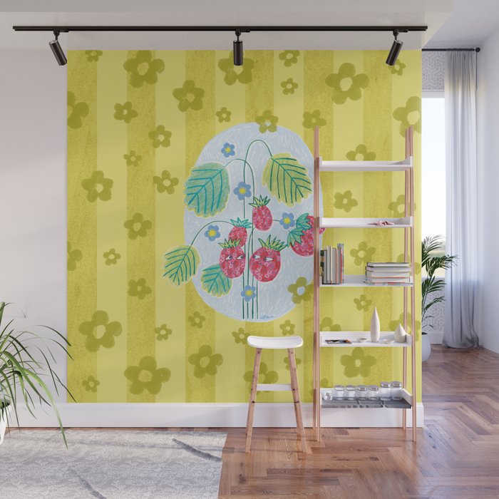 Sweet Strawberry Plant Friends in Yellow & Pink Wall Mural Gallery Image 1
