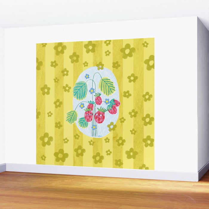 Sweet Strawberry Plant Friends in Yellow & Pink Wall Mural Gallery Image 2