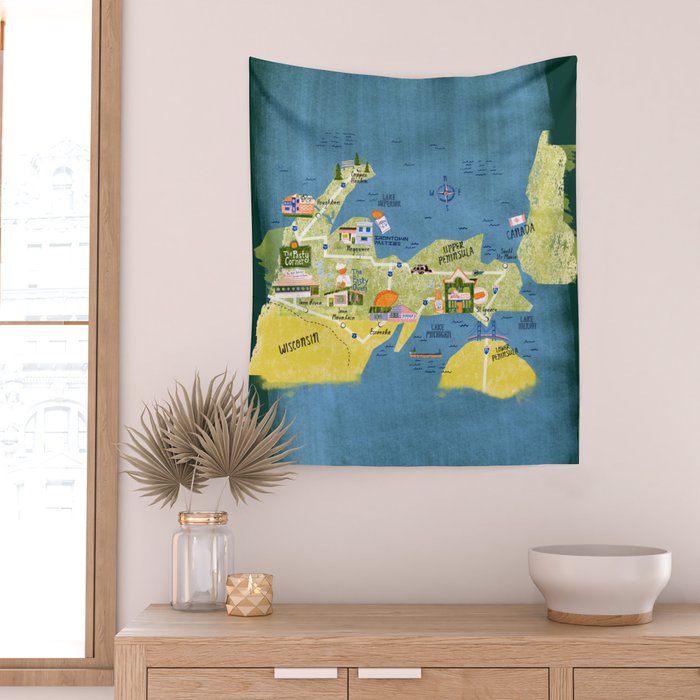 Map of Northern Michigan - Pasty Tour in Emerald Wall Tapestry Gallery Image 2