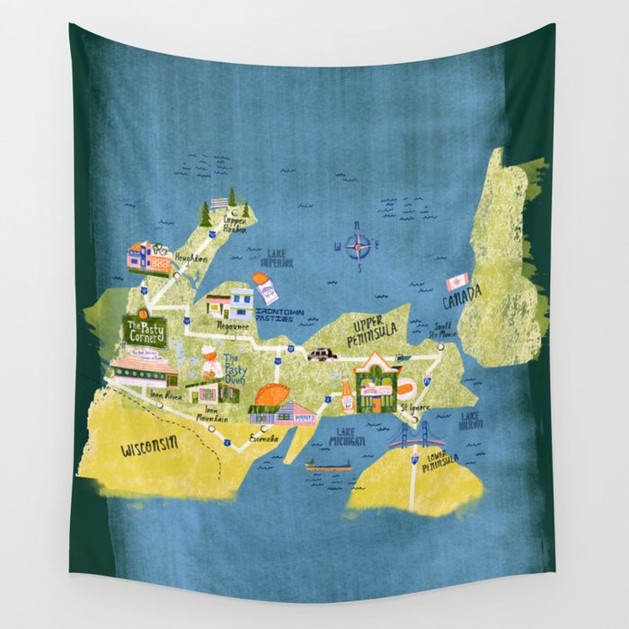 Map of Northern Michigan - Pasty Tour in Emerald Wall Tapestry Gallery Image 4