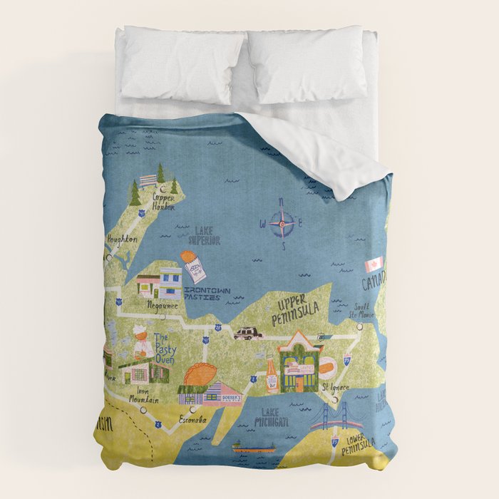 Map of Northern Michigan - Pasty Tour in Emerald Duvet Cover Gallery Image 6