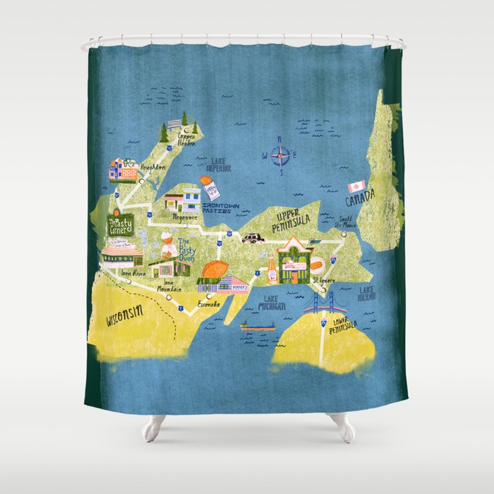 Map of Northern Michigan - Pasty Tour in Emerald Shower Curtain Gallery Image 1
