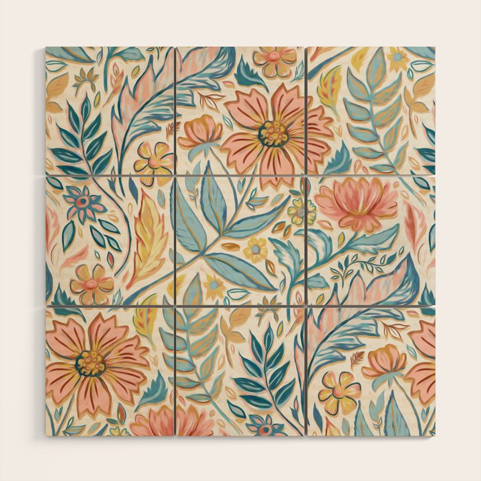 Soft Peach and Blue Art Nouveau Floral Wood Wall Art Gallery Image 1