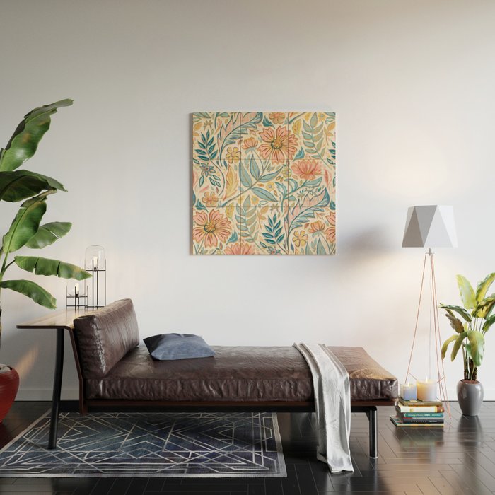Soft Peach and Blue Art Nouveau Floral Wood Wall Art Gallery Image 2