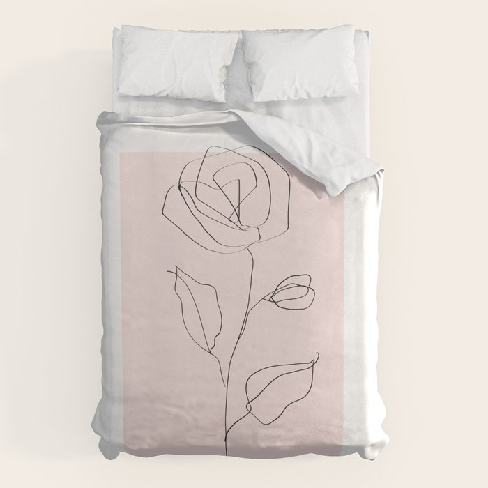 Botanical Line Art, Line Rose, Pink Wall Art, Minimalist Modern Art by Synplus Duvet Cover Gallery Image 1