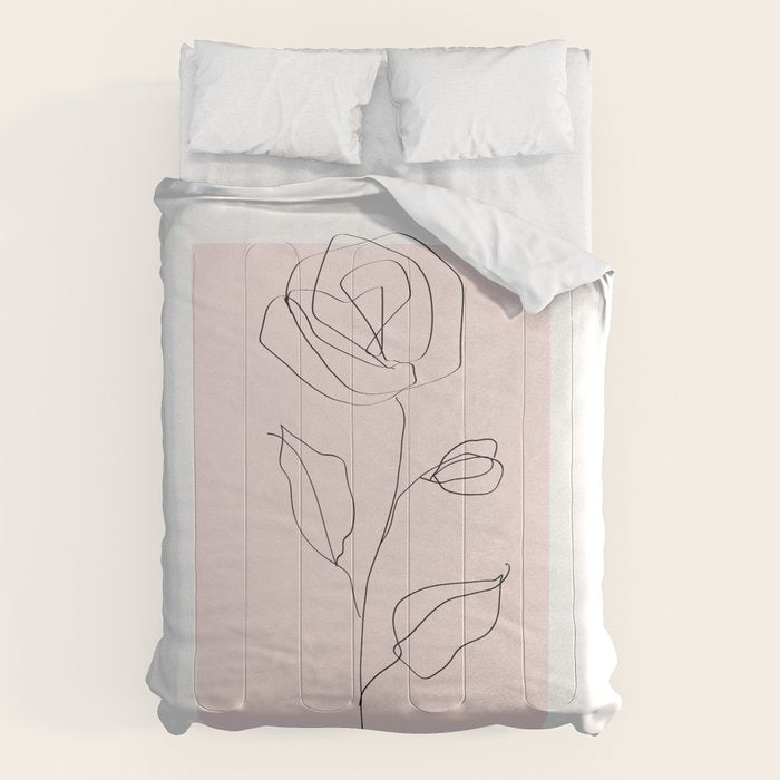 Botanical Line Art, Line Rose, Pink Wall Art, Minimalist Modern Art by Synplus Comforter Gallery Image 6