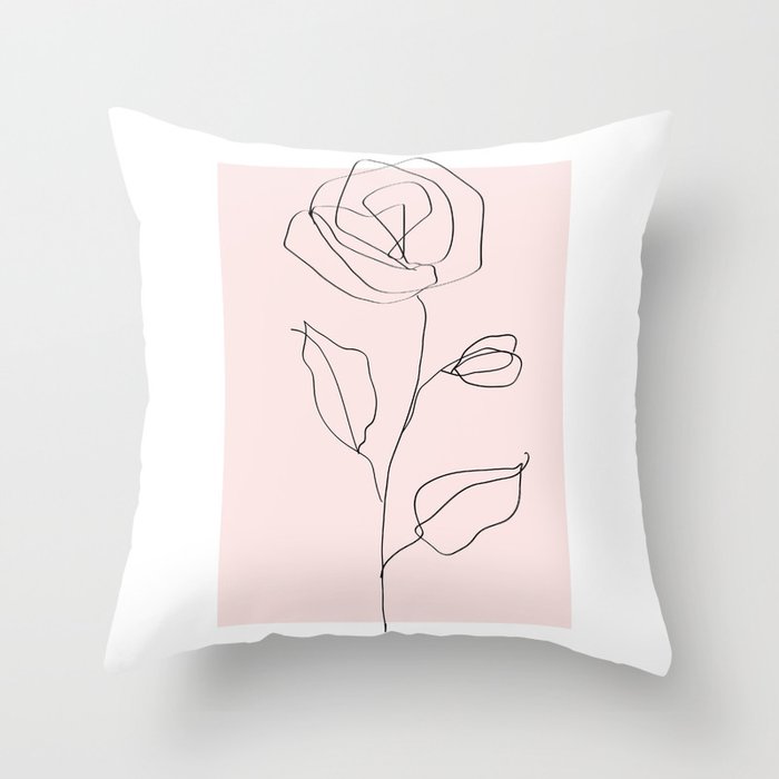 Botanical Line Art, Line Rose, Pink Wall Art, Minimalist Modern Art by Synplus Throw Pillow Gallery Image 1