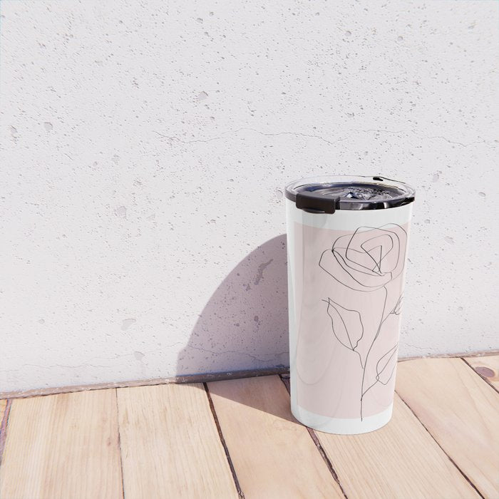 Botanical Line Art, Line Rose, Pink Wall Art, Minimalist Modern Art by Synplus Travel Mug Gallery Image 4