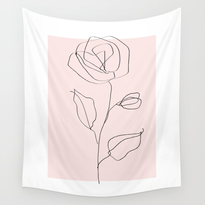 Botanical Line Art, Line Rose, Pink Wall Art, Minimalist Modern Art by Synplus Wall Tapestry Gallery Image 4